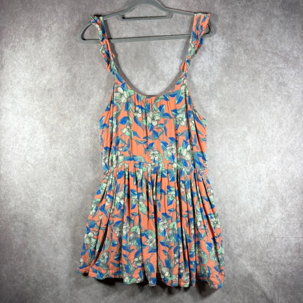 Free People Mini Dress Womens Small‎ Orange Floral Boho Ruffle Straps Pockets